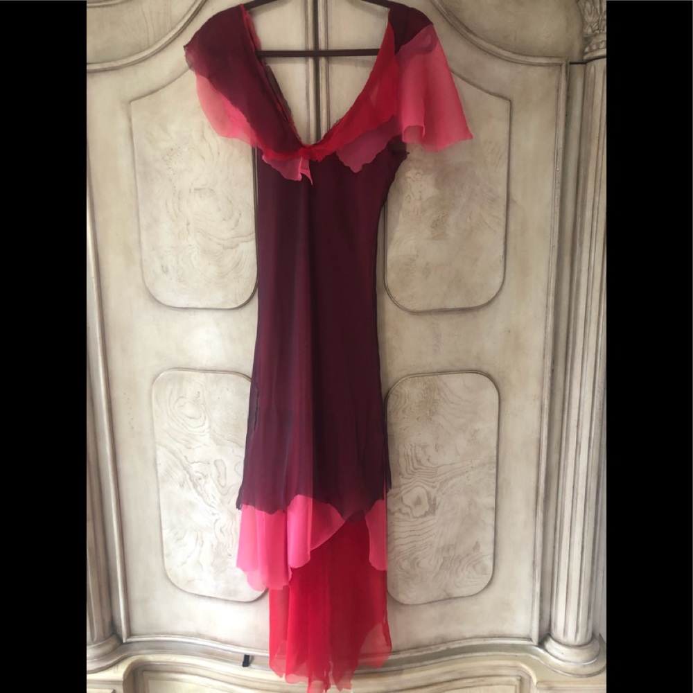 Flowing evening wear burgundy , pink and red